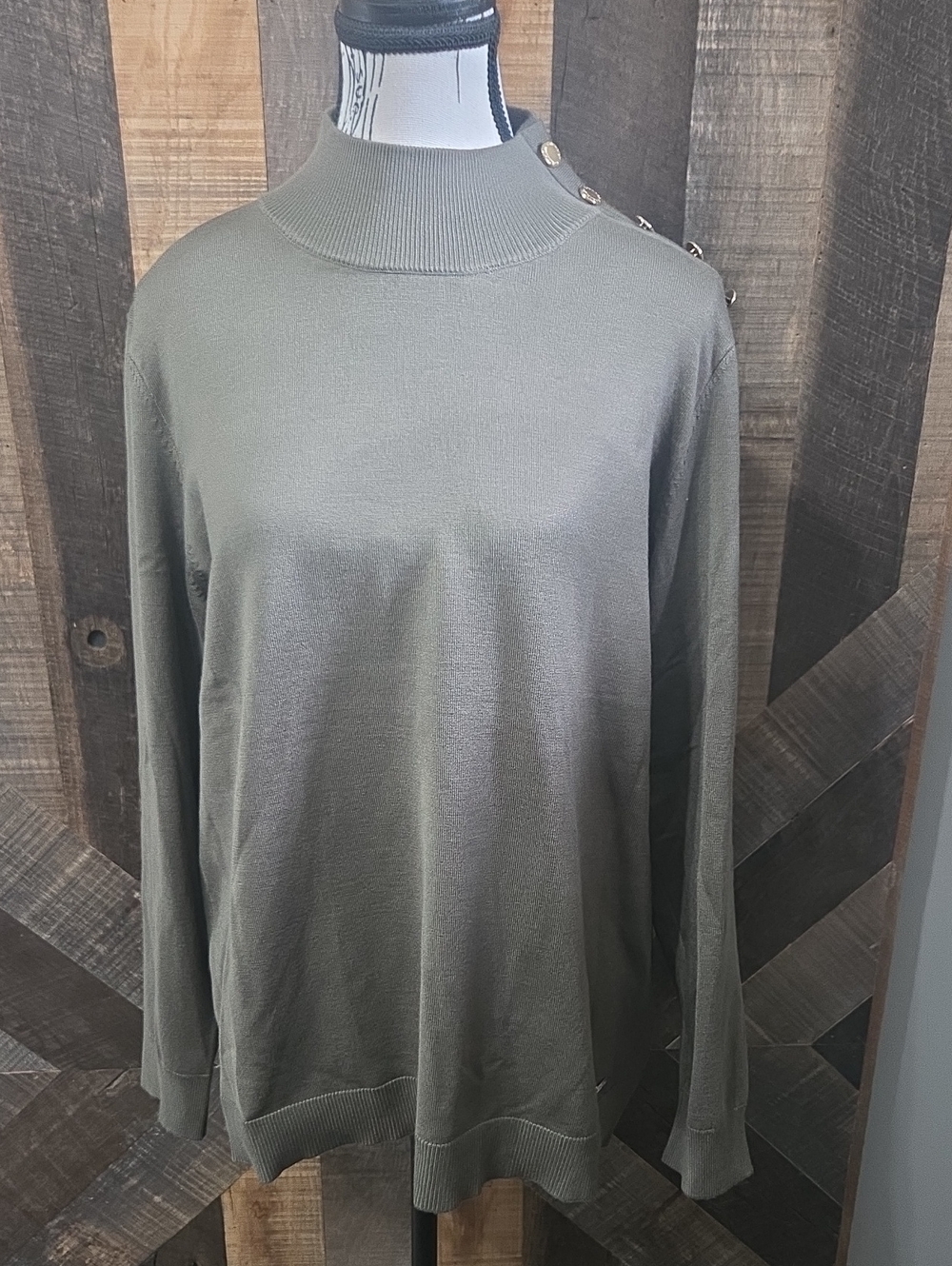 Womans Calvin Klein Olive Green Mock Neck Sweater with Shoulder Buttons
